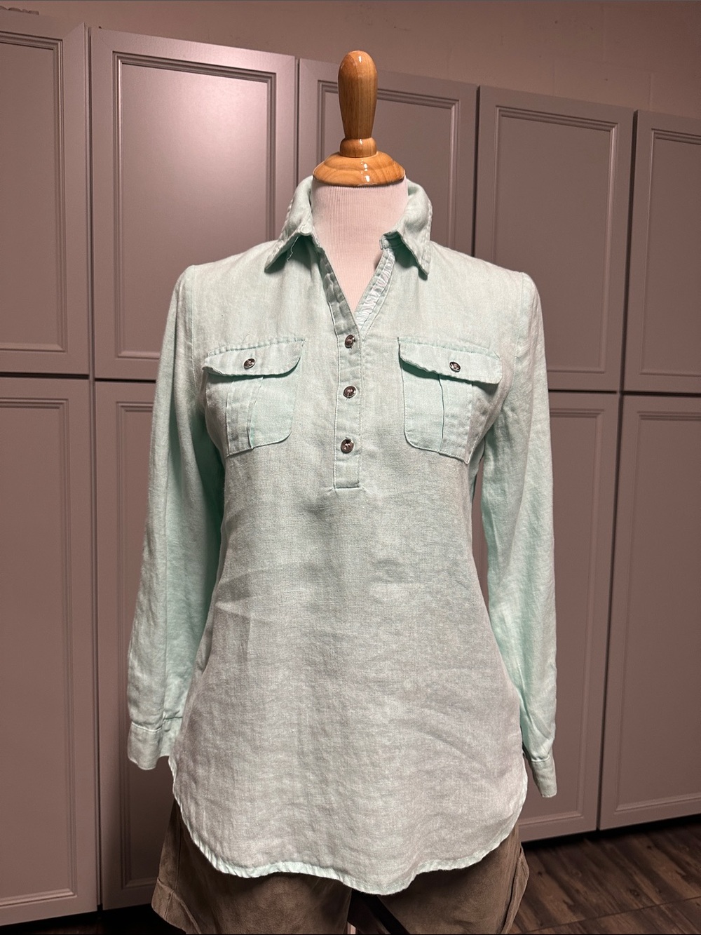 JM Collection Mint Green Long Sleeve Button Popover Top